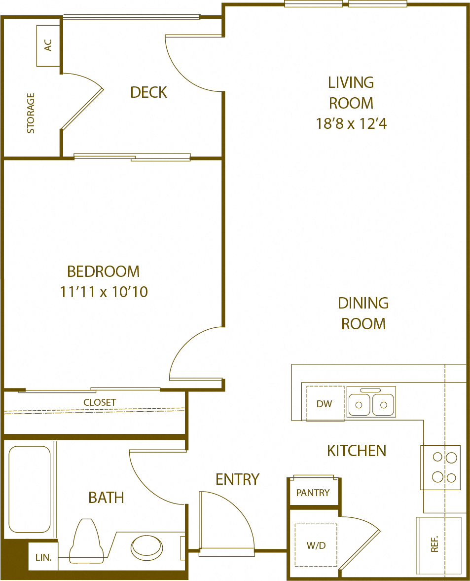 Floor plan for 1 bed, 1 bath, 652 sqft
